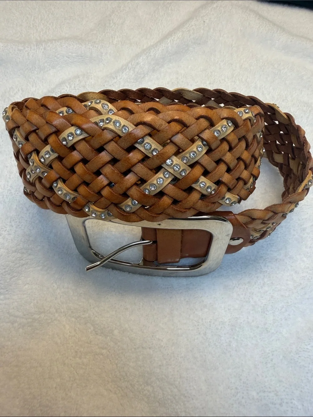 Studded Woven Brown Leather Belt with Rhinestone Detail throughout